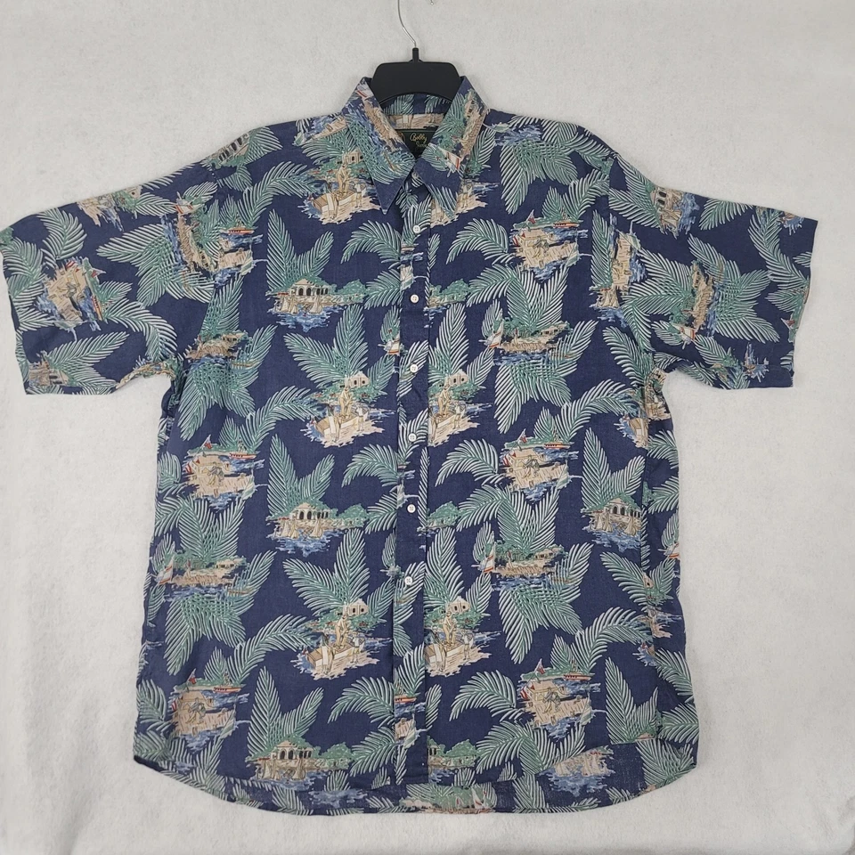 Vintage Hawaiian Shirt Men Fits XL Blue Floral Graphic Button Up 90s Linen Relax - Image 1 of 4