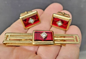 Anson Cufflinks Tie Bar Set Gold Filled Red Glass w Rhinestones 1950s - Picture 1 of 15