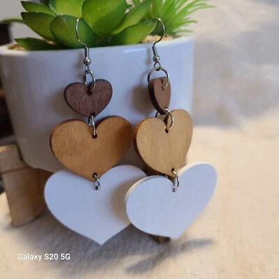 Безымянные деревянные висячие серьги-капли с тремя сердцами дамские 3,5 дюйма на часть комнаты модные - Изображение 1 из 4