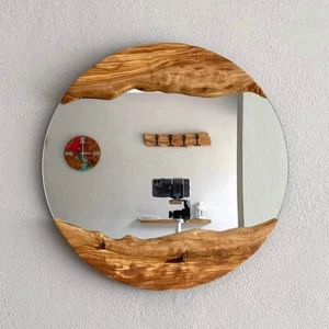 Olive Wood Oval Frame Mirror, Live Edge Wooden Mirror Wall Decor Decorative Gift - Picture 1 of 8