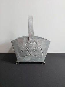 Galvanized Tin Metal Basket w/ Handle Punch Tin Heart Design 12"x7" Vintage - Picture 1 of 13