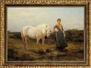 Vecchio Maestro-Arte Antico Dipinto Olio Ritratto Ragazza Cavallo su Tela 24"x36" - Foto 1 di 2
