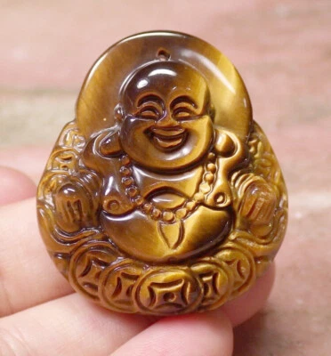 Natural Tigers Eye Maitreya Laughing Buddha Coins Bless Fortune Pendant Necklace - Image 1 of 4