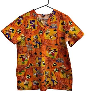 Disney Halloween Orange Scrub Top Trick Treat Goofy Minnie Mickey Nurse MEDIUM - Picture 1 of 4
