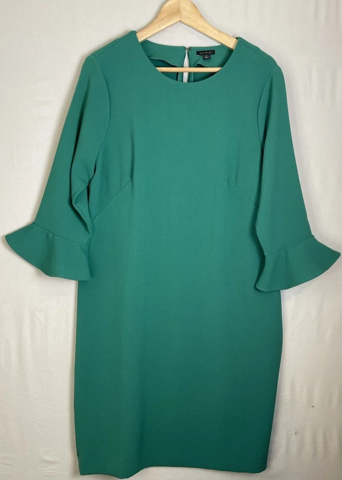 Ann Taylor Green Sheath Dress Women Size 12 3/4 Bell Sleeve Knee Length Office - Image 1 of 4