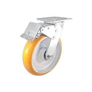 8" x 2" Total Lock Caster with Orange Polyurethane on Aluminum Wheel - 1,250 lbs - Picture 1 of 6
