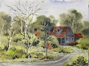 6”x8” Original Watercolor Pamela Wilhelm Red Roof Grey House Country Landscape - Picture 1 of 3