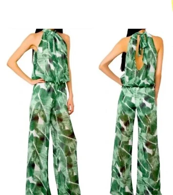 Macacão Sentimental NY Halter Chiffon Verde Tropical Estampa de Palma Tamanho M Médio - Imagem 1 de 4