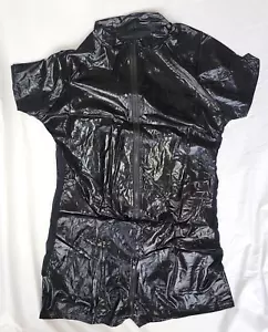 Men male gay black pvc faux leather 2 way zip short catsuit jumpsuit uk size 3XL - Picture 1 of 8