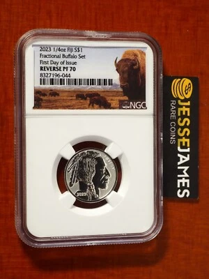 2023 $1 FIJI REVERSE PROOF SILVER BUFFALO NGC PF70 FIRST DAY OF ISSUE 1/4 OZ 999 - Image 1 of 2
