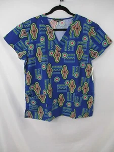 Aztec Womens Scrub Shirt Medium Blue Pattern Pockets Short Sleeve V Neck Navajo - Picture 1 of 11