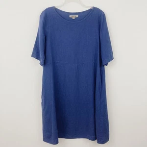 Flax Blue 100% Linen Shift Dress Size S Blue Short Sleeve Pockets Lagenlook - Picture 1 of 8