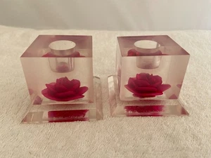 Vintage Hot Pink Rose Flower Acrylic Lucite Candle Holders - Picture 1 of 6