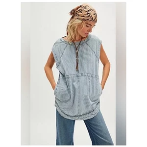 Free People We The Free Madison Railroad gestreifte Tunika klassische Waschung Größe Large - Bild 1 von 8