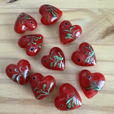 10 RED WITH RED FLOWER  LAMPWORK HEART BEADS 20mm -   DIY JEWELRY MAKING - Image 1 of 4