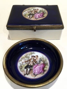 Antique Czechoslovakia Set of Porcelain Cobalt Blue Cameo Box & Small Dish, mark - Bild 1 von 8