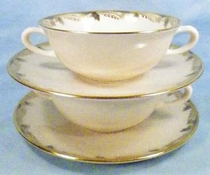 2 Lenox Essex Cream Soup Bowls & Saucers Blue Gold Edge Cream Porcelain 0351-F - Picture 1 of 6