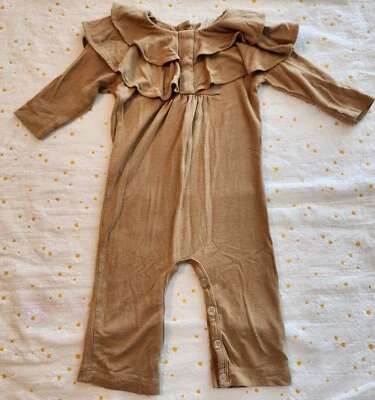 Kate Quinn Organic Cotton Romper SZ 3-6M Gold Long Slv Snap Ruffle Collar - Image 1 of 3