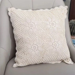 2Pcs 40cm Vintage Handmade Crochet Lace Floral Throw Pillow Case Cushion Cover - Picture 1 of 9