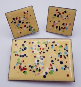Vintage Kunsthandwerk Kupfer Emaille Set Brosche & Schraubverschluss Ohrringe Abstrakt - Bild 1 von 6