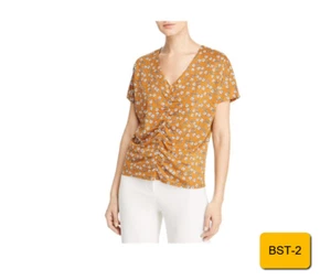 Kenneth Cole New York Womens Floral Print Ruched T-Shirt Brown XS - Picture 1 of 2