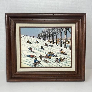 H. Hargrove Oil Painting Sledding Hill Signed Original 1984 Children Snow 8x10 - Picture 1 of 8