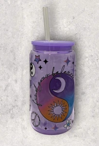 Purple 16 oz Glass Can Bamboo Lid Reusable Straw Iced Coffee Smoothie Beer Cup - Picture 1 of 10