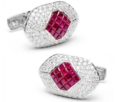 9CT Cubic Zirconia & Ruby Eyelet Men's Elegant Cufflinks In 935 Argentium Silver - Image 1 of 4