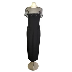 Vestido Largo Vintage Maggy London Negro Malla Ilusión Cuentas Botón Corpiño Talla 12 - Imagen 1 de 5