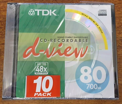 10-pack TDK CD-R D-View 700MB 80 min, Slim Jewel Case, New and Sealed - Image 1 of 2