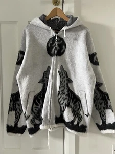 Vintage 80s Men’s Genesis Howling Wolf Knitted Hooded Jacket Size L/XL - Picture 1 of 11