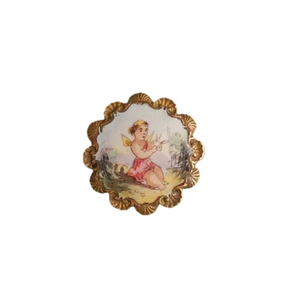 Button Antique - Enamel Painted - Cherub - 22 MM - 19th C. Enamel Button - Image 1 of 4