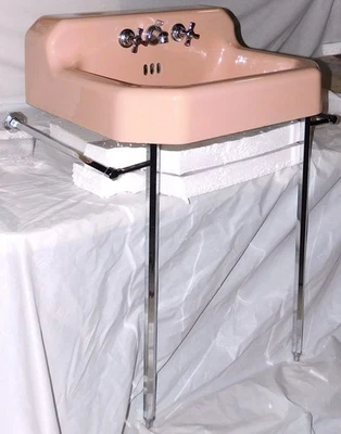 1955 American Standard rosa/coral porcelana e ferro fundido cromado pernas, barras de toalha - Imagem 1 de 4