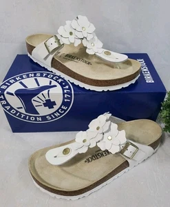 Birkenstock Womens GIZEH FLOWER White Leather Toe Thong Sandals Sz 38 /US 7 EXC! - Picture 1 of 13