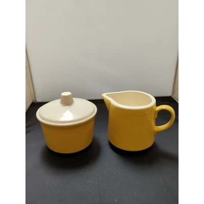 VTG Mid Century USA Yellow & White Creamer and Sugar Bowl w/ Lid Set - Image 1 of 4