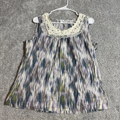 Retro 70s Hippie Tank Top Sz L Boho Crochet Lace Flowy Festival Ikat Watercolor - Image 1 of 4