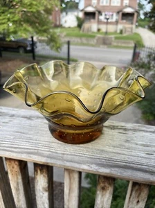 Gold Amber Hand Blown Controlled Bubble Ruffle Glass Bowl 10” 4C - Picture 1 of 10