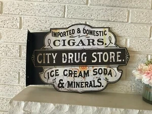 Antiqued Old City Drug Store Double Sided Flanged Country Steel Sign 13.2 x 20 - Picture 1 of 4