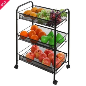 Exquisite Honeycomb Net Three Tiers Storage Cart Rolling Cart with Hook Black - Picture 1 of 6