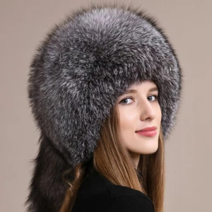 Women's Real Full Covered Fox Fur Russian Hat Ushanka Cossack Cap Mongolian Hat - Picture 1 of 10