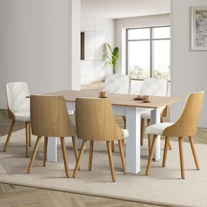 160cm Extendable Dining Table with 6PCS Dining Chairs PU Leather White Oikiture - Picture 1 of 10