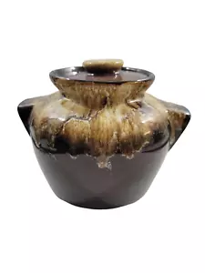Vaso per fagioli vintage in ceramica smaltata a goccia marrone con coperchio USA 6"x8" - Foto 1 di 11
