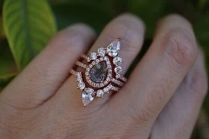 Black Rutile Quartz Ring Set 6x8mm 925 Sterling Silver Bridal Set with Moissanit - Picture 1 of 10