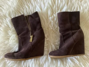 COACH wedge brown suede boots fur lining size 6 - Picture 1 of 4