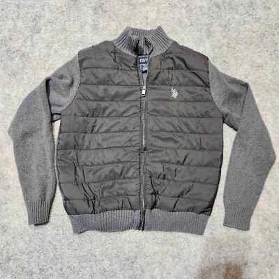 US Polo Assn Grey Quarter Zip Quilted Front Knitted Sleeves Jacket 10/12 - Image 1 of 4