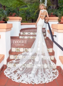 Ivoire Kitty Chen Bridal Wedding Dress Elena V1710 Fit Flare V Neck Lace Train - Picture 1 of 3