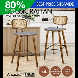ALFORDSON 4x Bar Stools Kitchen Vintage Fabric Seat Rattan Chair Wooden Grey - Picture 1 of 11