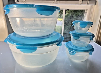 Lock N Lock - Set of 5 Round Nesting Containers Turquoise Teal  Aqua Lids - Image 1 of 4
