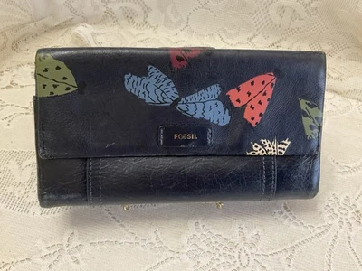 "Cartera plegable vintage de cuero fósil de libélula negra + sección de cremallera 7,5"" usada en excelente estado" Foto 1 de 4