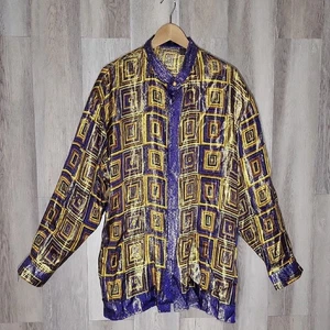 Camicia Joey Richi Gold Label vintage uomo XL seta bottoni davanti geometrica metallizzata - Foto 1 di 9